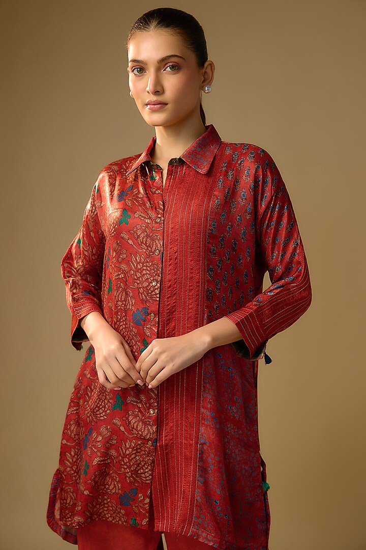 Red Gajji Silk Floral Printed Shirt by SHRADDHA RAMBHIA at Pernia's Pop Up Shop