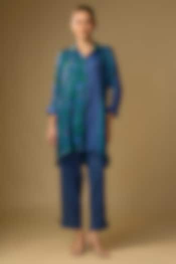 Blue Gajji Silk Floral Printed Shirt by SHRADDHA RAMBHIA at Pernia's Pop Up Shop