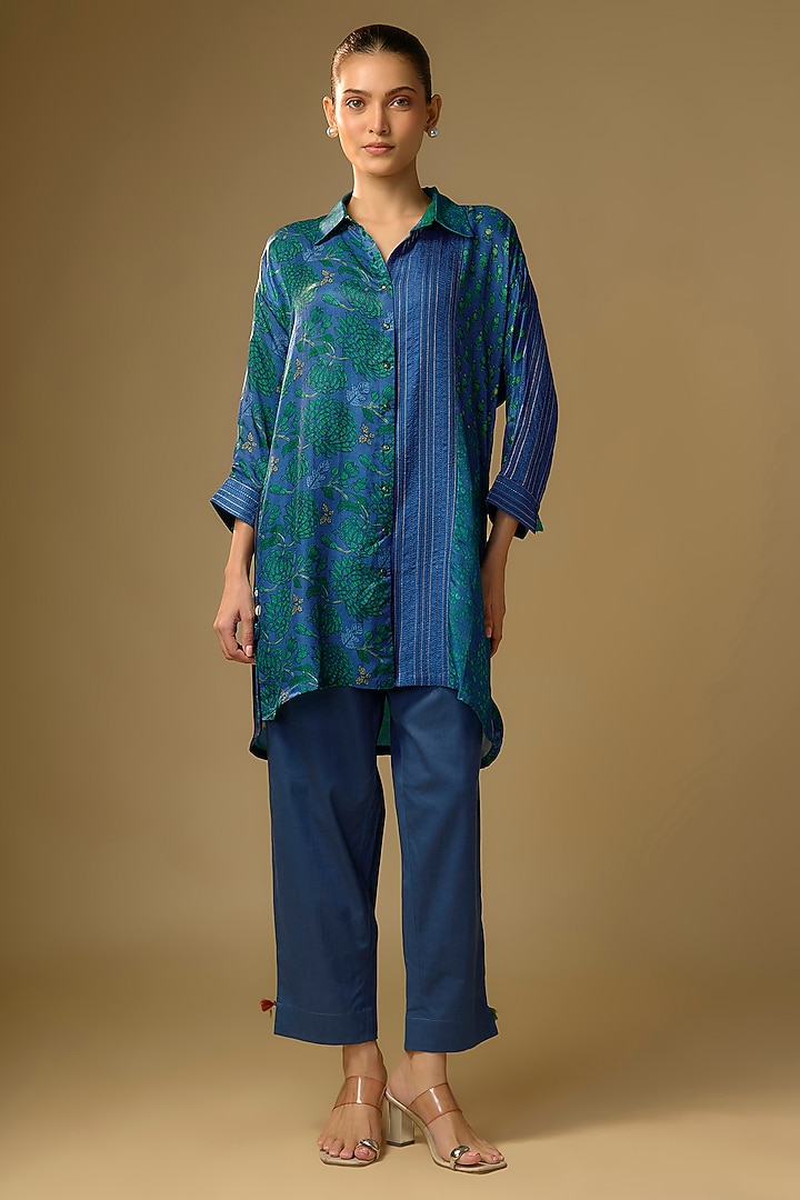 Blue Gajji Silk Floral Printed Shirt by SHRADDHA RAMBHIA at Pernia's Pop Up Shop