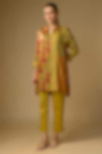 Mustard Gajji Silk Floral Printed Shirt by SHRADDHA RAMBHIA at Pernia's Pop Up Shop