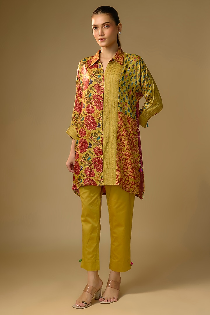 Mustard Gajji Silk Floral Printed Shirt by SHRADDHA RAMBHIA at Pernia's Pop Up Shop