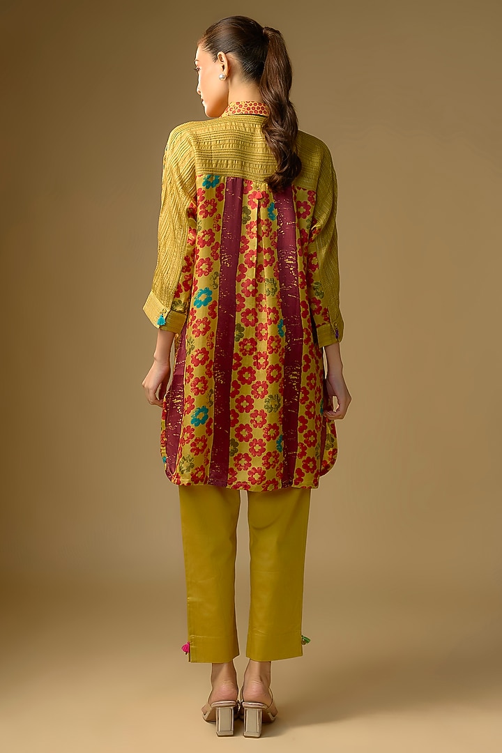 Mustard Gajji Silk Floral Printed Shirt by SHRADDHA RAMBHIA at Pernia's Pop Up Shop