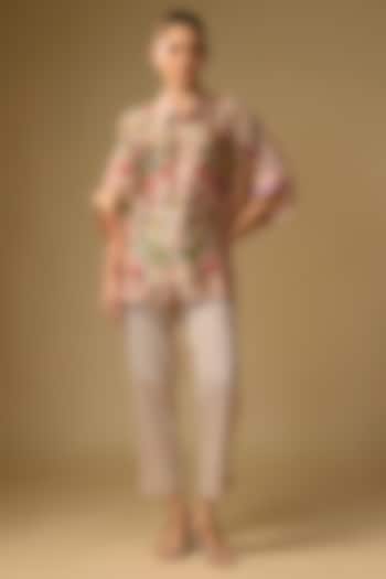 Blush Pink Slub Silk Floral Printed Shirt by SHRADDHA RAMBHIA at Pernia's Pop Up Shop