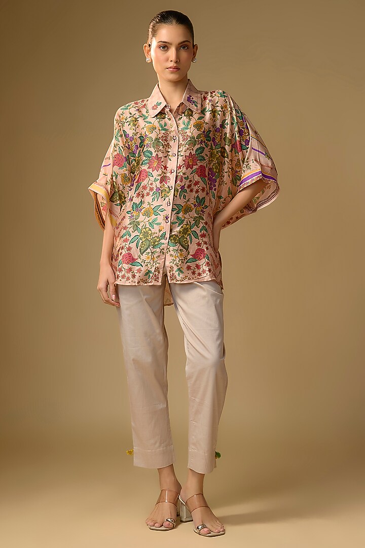 Blush Pink Slub Silk Floral Printed Shirt by SHRADDHA RAMBHIA at Pernia's Pop Up Shop