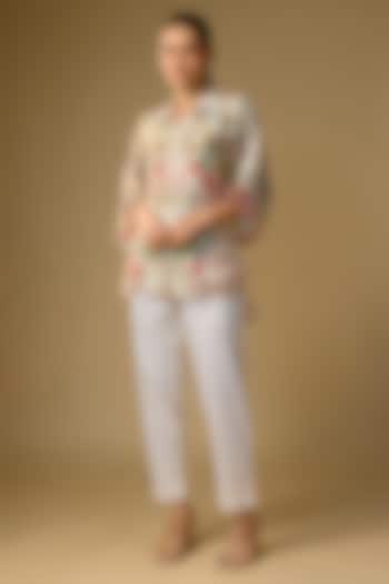 Ivory Slub Silk Floral Printed Shirt by SHRADDHA RAMBHIA at Pernia's Pop Up Shop