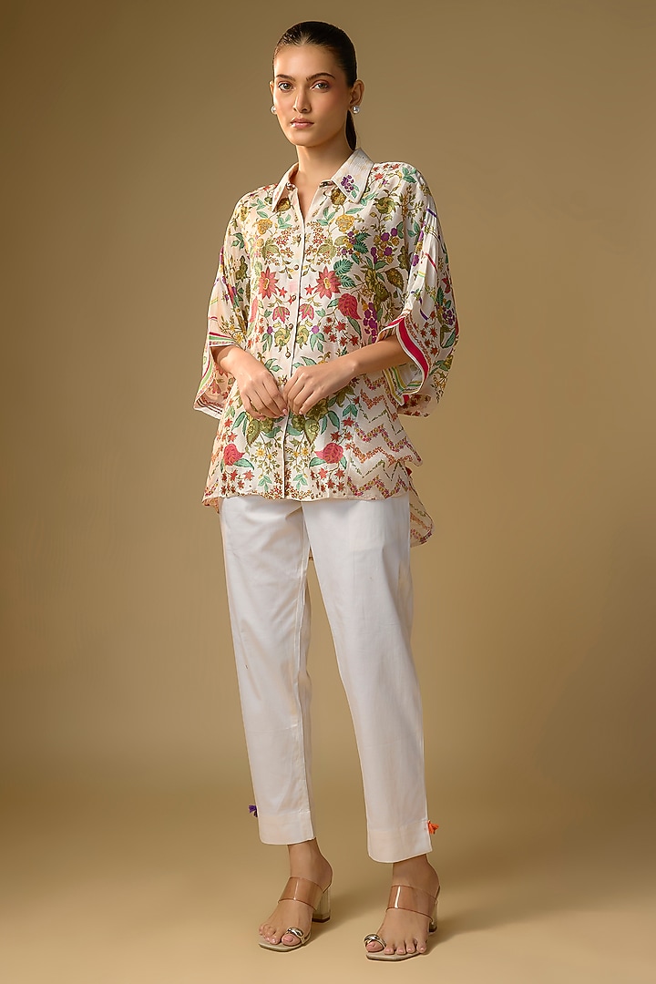 Ivory Slub Silk Floral Printed Shirt by SHRADDHA RAMBHIA at Pernia's Pop Up Shop