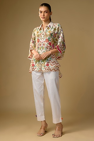 Ivory Slub Silk Floral Printed Shirt by SHRADDHA RAMBHIA