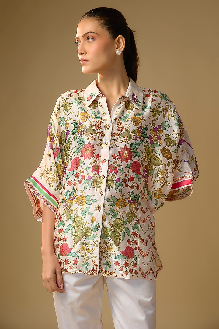 Ivory Slub Silk Floral Printed Shirt by SHRADDHA RAMBHIA at Pernia's Pop Up Shop