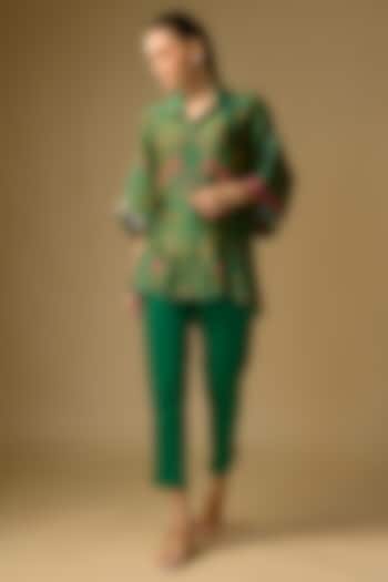 Bottle Green Slub Silk Floral Printed Shirt by SHRADDHA RAMBHIA at Pernia's Pop Up Shop