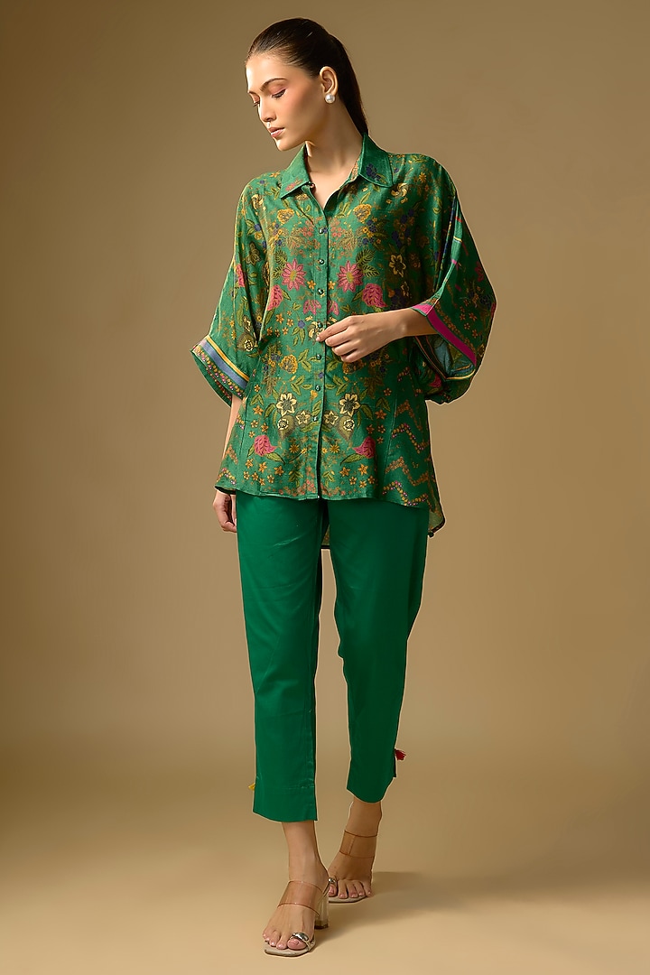 Bottle Green Slub Silk Floral Printed Shirt by SHRADDHA RAMBHIA at Pernia's Pop Up Shop