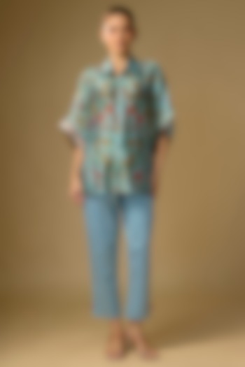Duckegg Blue Slub Silk Floral Printed Shirt by SHRADDHA RAMBHIA at Pernia's Pop Up Shop