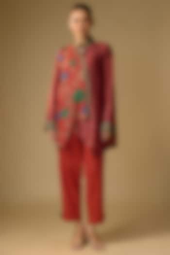 Red Slub Silk Kalamkari Printed Asymmetrical Shirt by SHRADDHA RAMBHIA at Pernia's Pop Up Shop