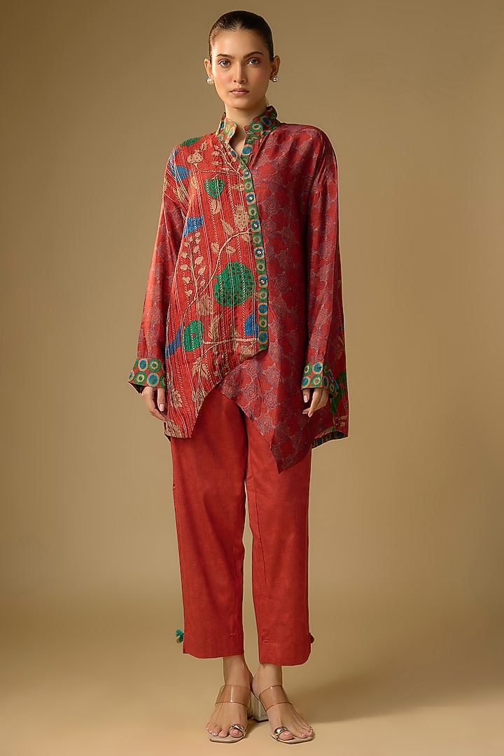 Red Slub Silk Kalamkari Printed Asymmetrical Shirt by SHRADDHA RAMBHIA at Pernia's Pop Up Shop