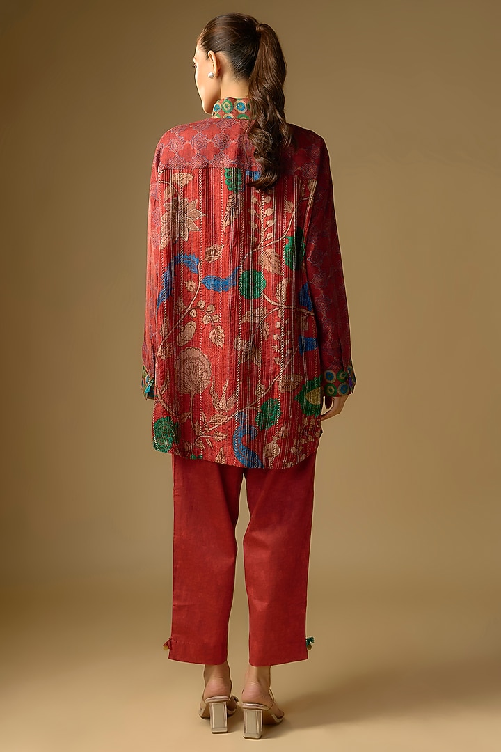 Red Slub Silk Kalamkari Printed Asymmetrical Shirt by SHRADDHA RAMBHIA at Pernia's Pop Up Shop