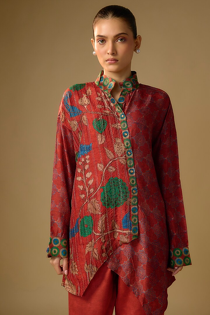 Red Slub Silk Kalamkari Printed Asymmetrical Shirt by SHRADDHA RAMBHIA at Pernia's Pop Up Shop