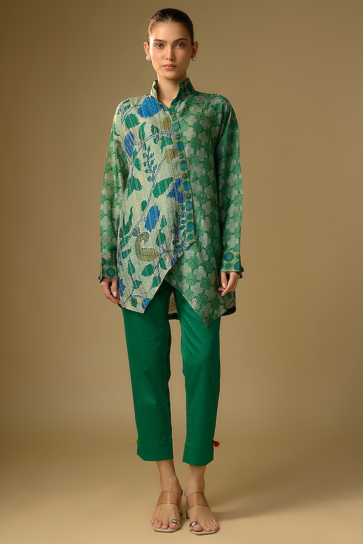 Pista Green Slub Silk Kalamkari Printed Asymmetrical Shirt by SHRADDHA RAMBHIA at Pernia's Pop Up Shop