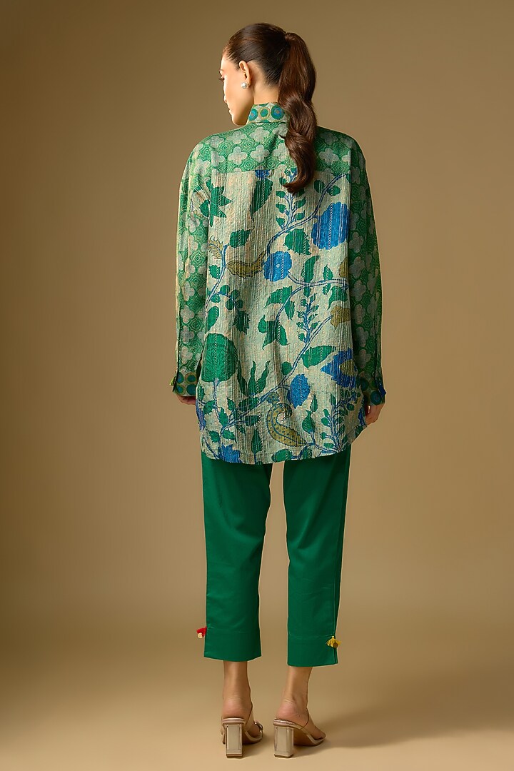 Pista Green Slub Silk Kalamkari Printed Asymmetrical Shirt by SHRADDHA RAMBHIA at Pernia's Pop Up Shop