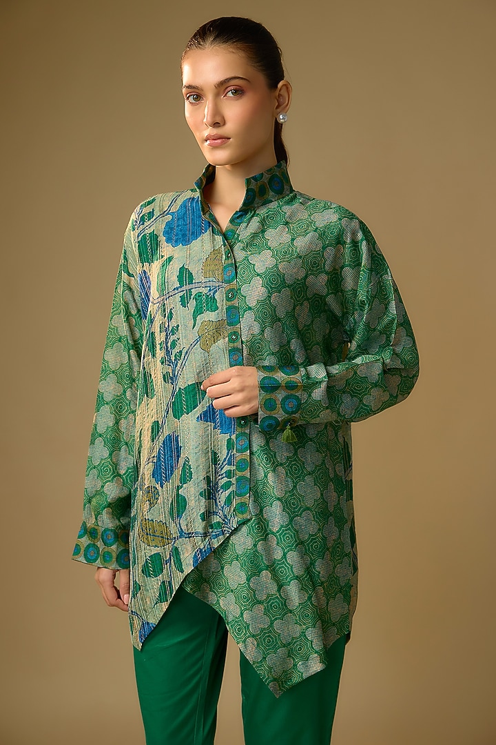 Pista Green Slub Silk Kalamkari Printed Asymmetrical Shirt by SHRADDHA RAMBHIA at Pernia's Pop Up Shop