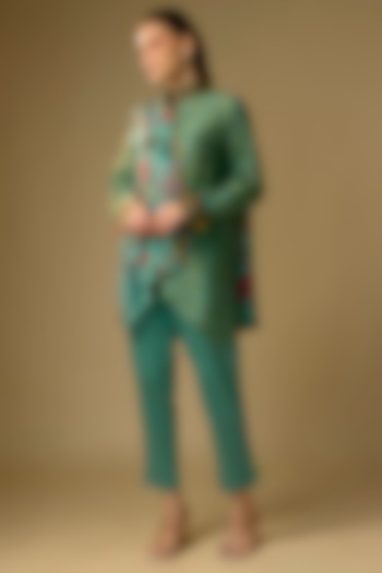 Duckegg Blue Slub Silk Kalamkari Printed Asymmetrical Shirt by SHRADDHA RAMBHIA at Pernia's Pop Up Shop