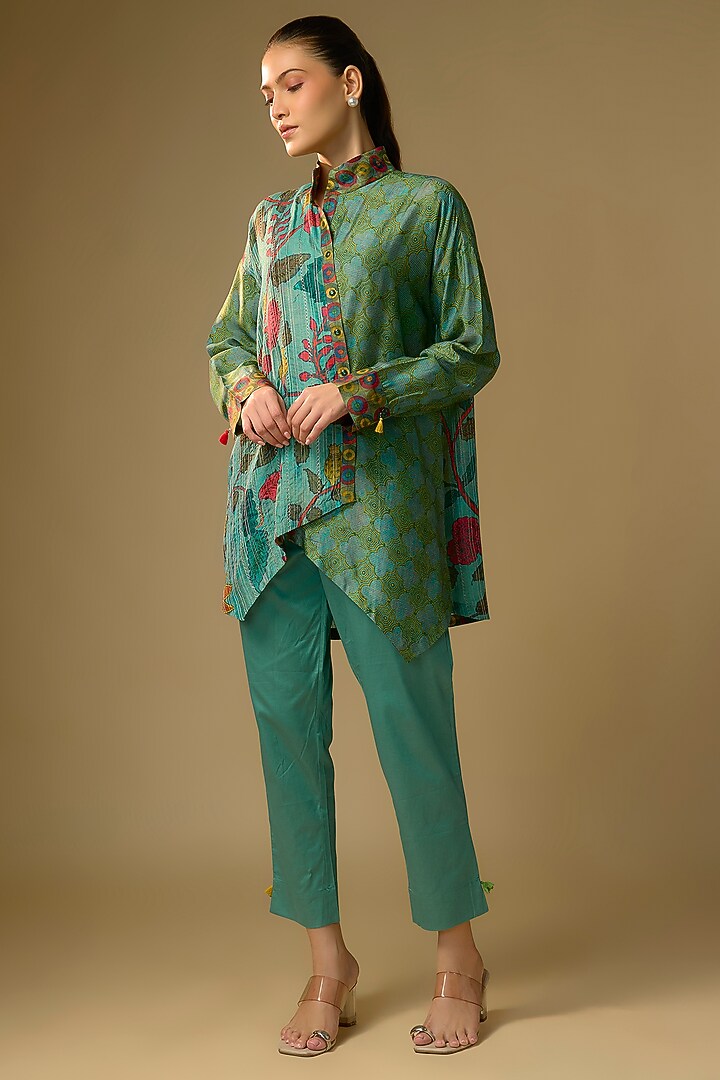 Duckegg Blue Slub Silk Kalamkari Printed Asymmetrical Shirt by SHRADDHA RAMBHIA at Pernia's Pop Up Shop