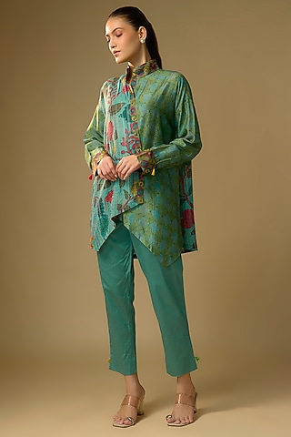 Duckegg Blue Slub Silk Kalamkari Printed Asymmetrical Shirt by SHRADDHA RAMBHIA