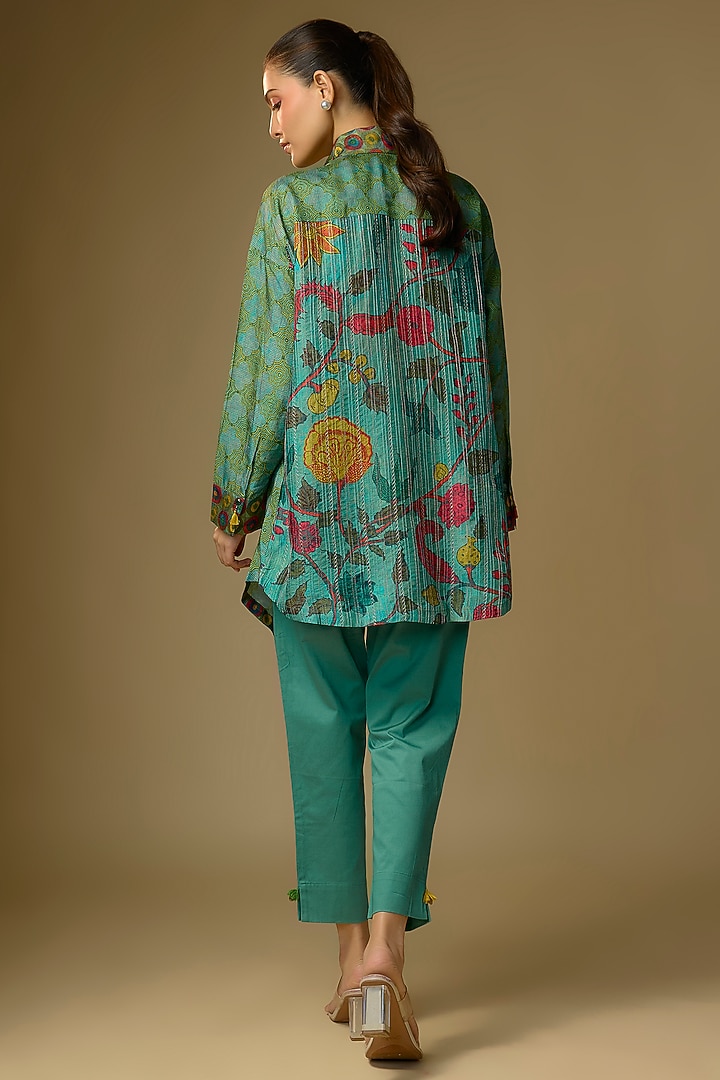 Duckegg Blue Slub Silk Kalamkari Printed Asymmetrical Shirt by SHRADDHA RAMBHIA at Pernia's Pop Up Shop