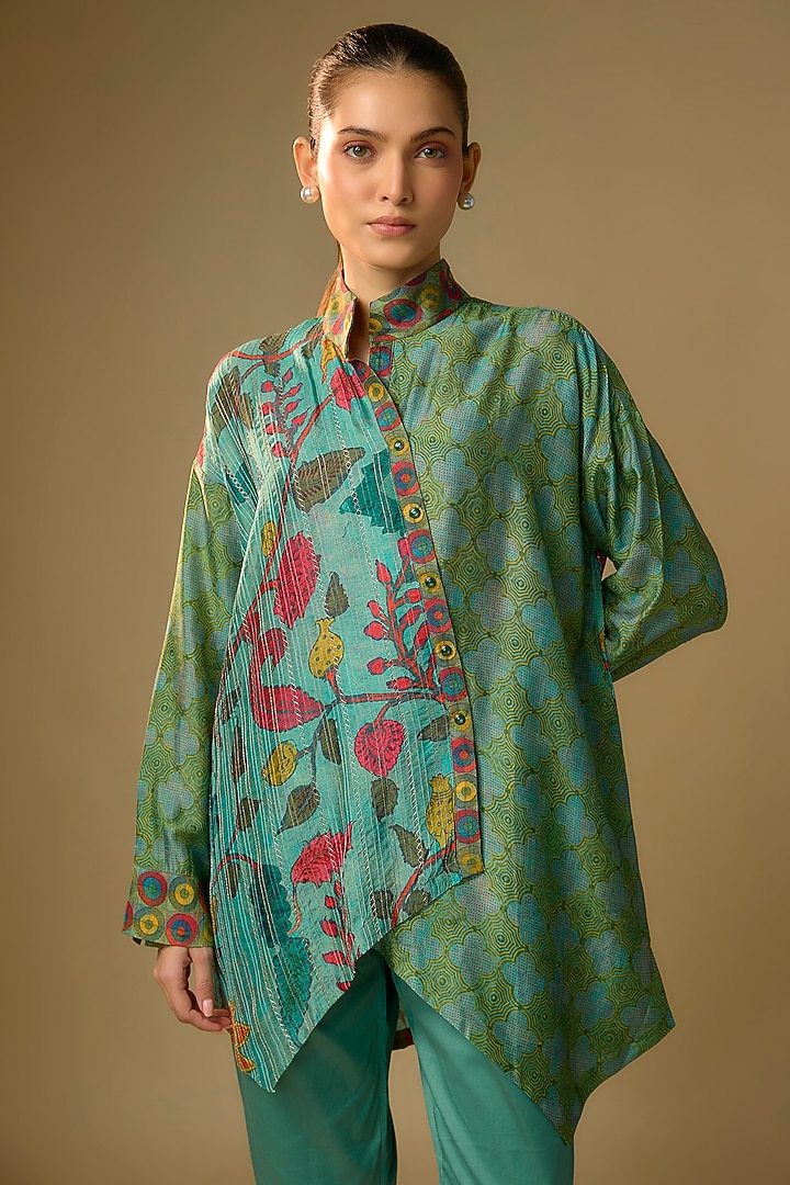 Duckegg Blue Slub Silk Kalamkari Printed Asymmetrical Shirt by SHRADDHA RAMBHIA at Pernia's Pop Up Shop
