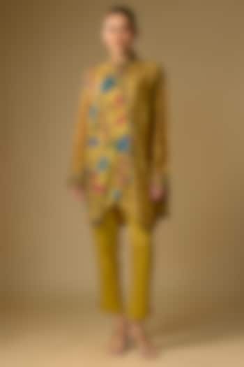 Mustard Slub Silk Kalamkari Printed Asymmetrical Shirt by SHRADDHA RAMBHIA at Pernia's Pop Up Shop