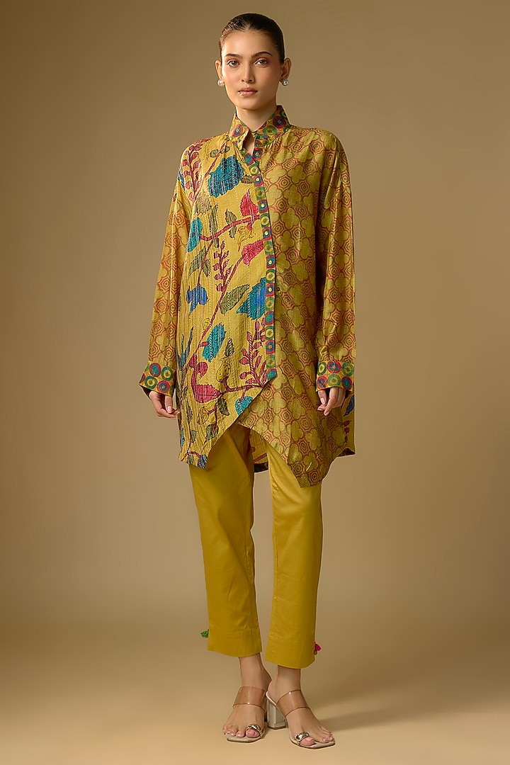 Mustard Slub Silk Kalamkari Printed Asymmetrical Shirt by SHRADDHA RAMBHIA at Pernia's Pop Up Shop