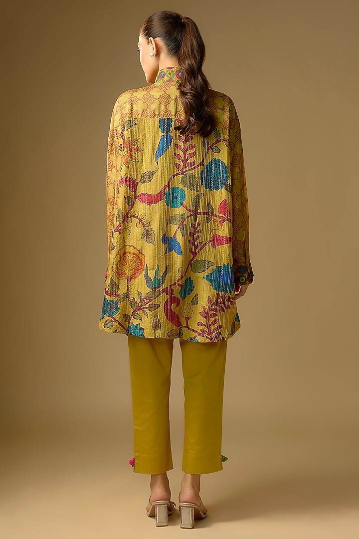 Mustard Slub Silk Kalamkari Printed Asymmetrical Shirt by SHRADDHA RAMBHIA at Pernia's Pop Up Shop