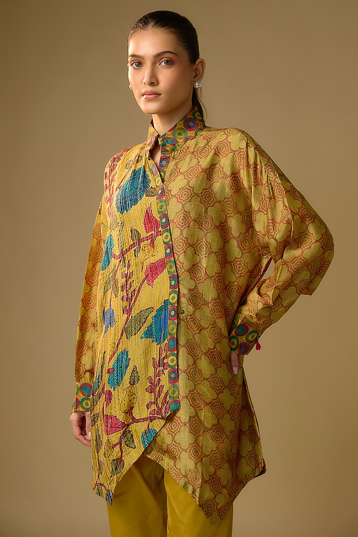 Mustard Slub Silk Kalamkari Printed Asymmetrical Shirt by SHRADDHA RAMBHIA at Pernia's Pop Up Shop