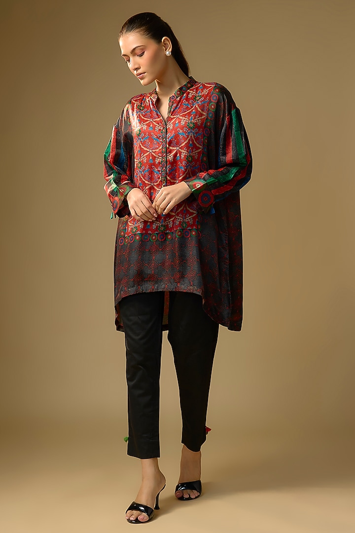 Black Gajji Silk Floral Printed Top by SHRADDHA RAMBHIA at Pernia's Pop Up Shop
