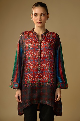 Black Gajji Silk Floral Printed Top by SHRADDHA RAMBHIA