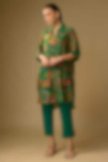 Bottle Green Slub Silk Floral Printed Shirt by SHRADDHA RAMBHIA at Pernia's Pop Up Shop