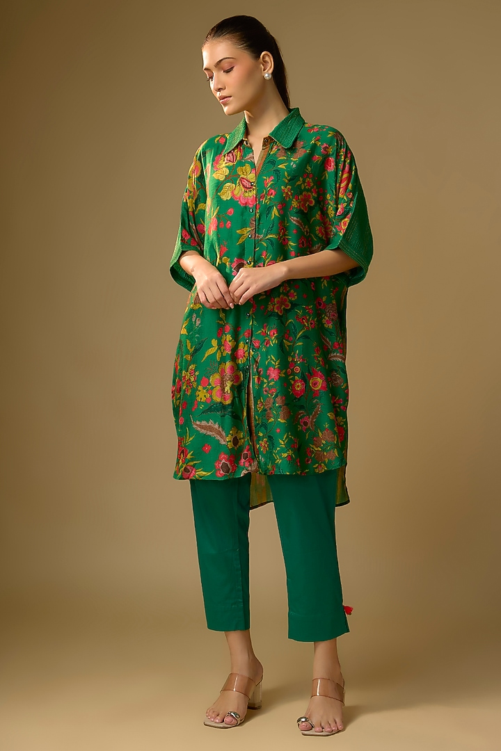 Bottle Green Slub Silk Floral Printed Shirt by SHRADDHA RAMBHIA at Pernia's Pop Up Shop