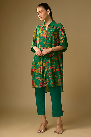 Bottle Green Slub Silk Floral Printed Shirt by SHRADDHA RAMBHIA