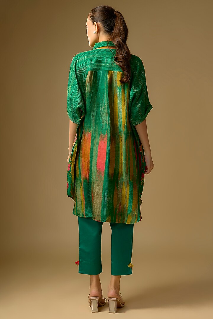 Bottle Green Slub Silk Floral Printed Shirt by SHRADDHA RAMBHIA at Pernia's Pop Up Shop