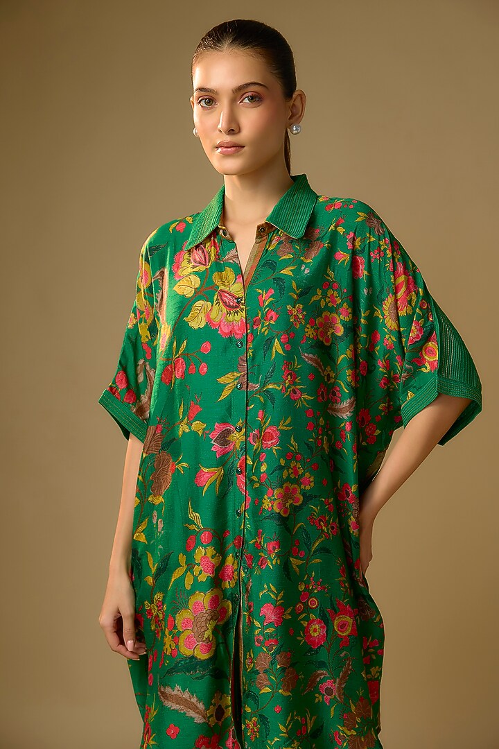 Bottle Green Slub Silk Floral Printed Shirt by SHRADDHA RAMBHIA at Pernia's Pop Up Shop