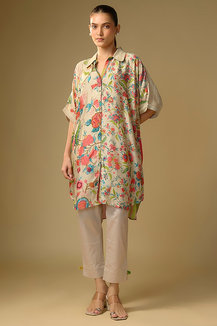 Ivory Slub Silk Floral Printed Shirt by SHRADDHA RAMBHIA at Pernia's Pop Up Shop