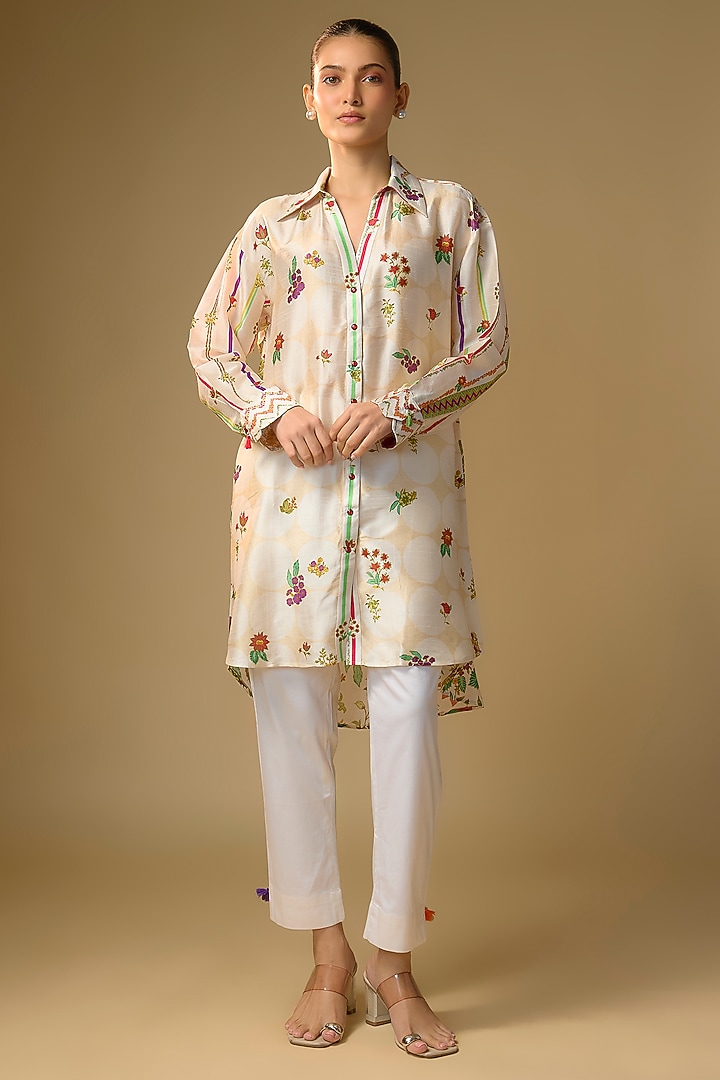 Ivory Slub Silk Floral Printed Shirt by SHRADDHA RAMBHIA at Pernia's Pop Up Shop