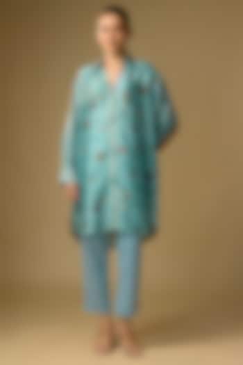 Duckegg Blue Slub Silk Floral Printed Shirt by SHRADDHA RAMBHIA at Pernia's Pop Up Shop