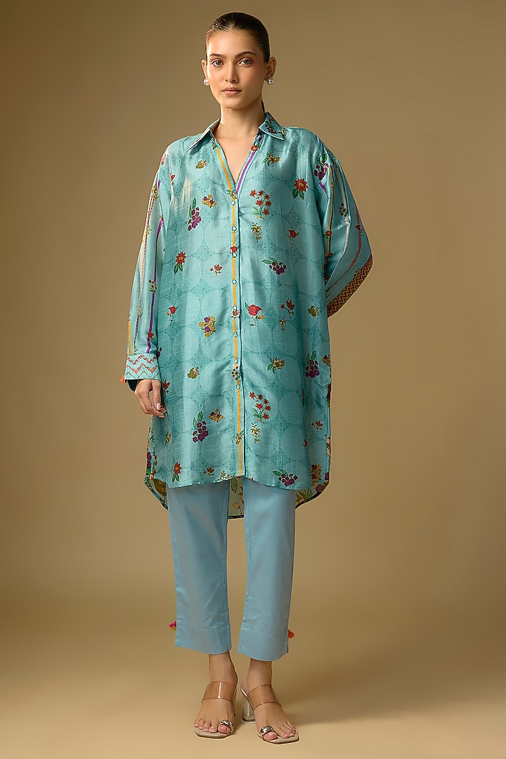 Duckegg Blue Slub Silk Floral Printed Shirt by SHRADDHA RAMBHIA at Pernia's Pop Up Shop