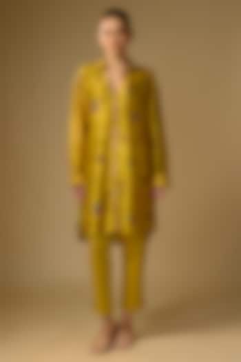 Mustard Slub Silk Floral Printed Shirt by SHRADDHA RAMBHIA at Pernia's Pop Up Shop