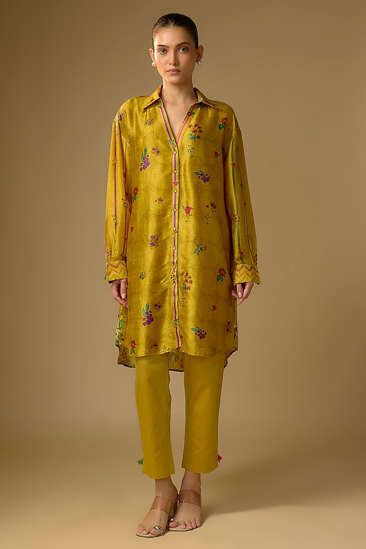 Mustard Slub Silk Floral Printed Shirt by SHRADDHA RAMBHIA at Pernia's Pop Up Shop