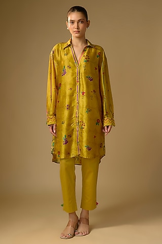 Mustard Slub Silk Floral Printed Shirt by SHRADDHA RAMBHIA
