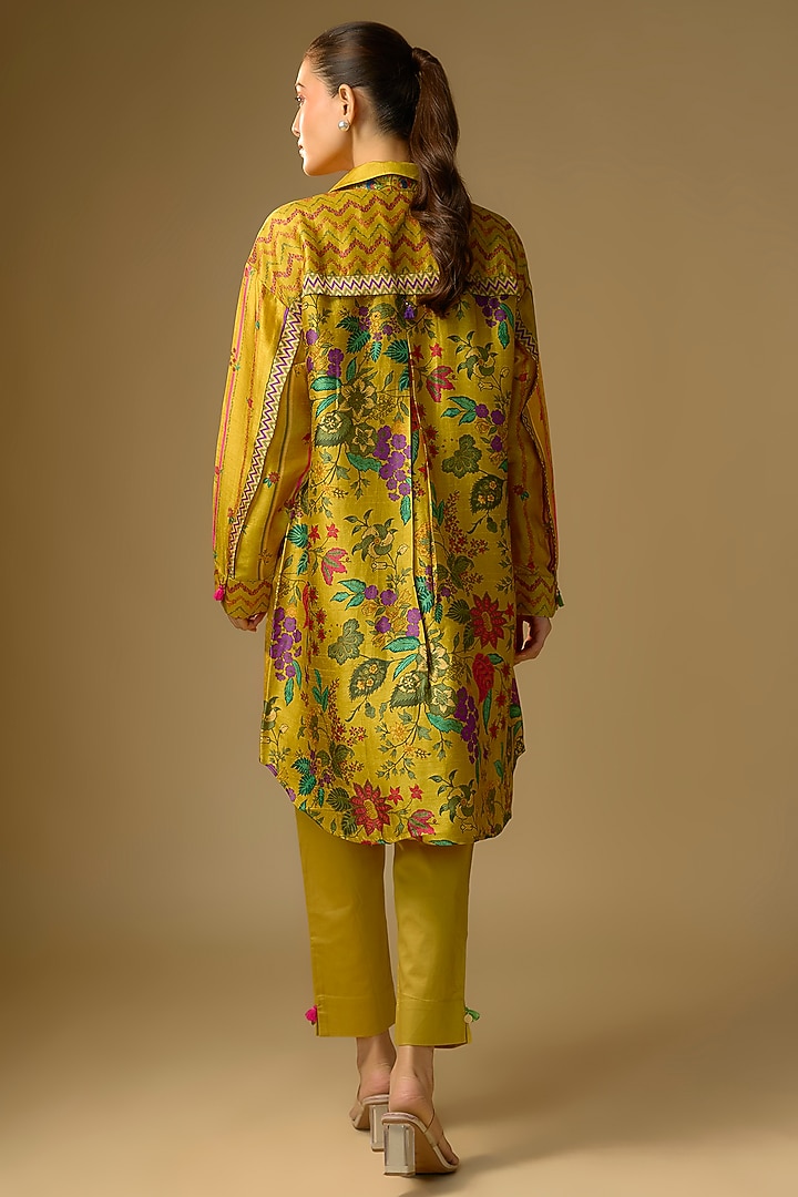 Mustard Slub Silk Floral Printed Shirt by SHRADDHA RAMBHIA at Pernia's Pop Up Shop