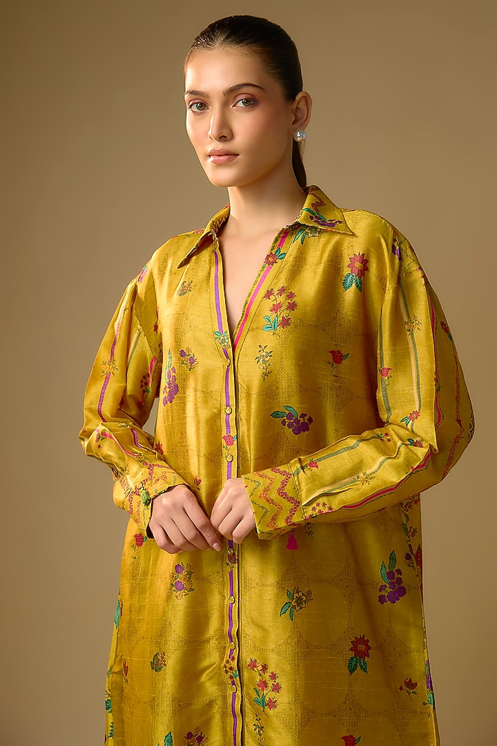 Mustard Slub Silk Floral Printed Shirt by SHRADDHA RAMBHIA at Pernia's Pop Up Shop