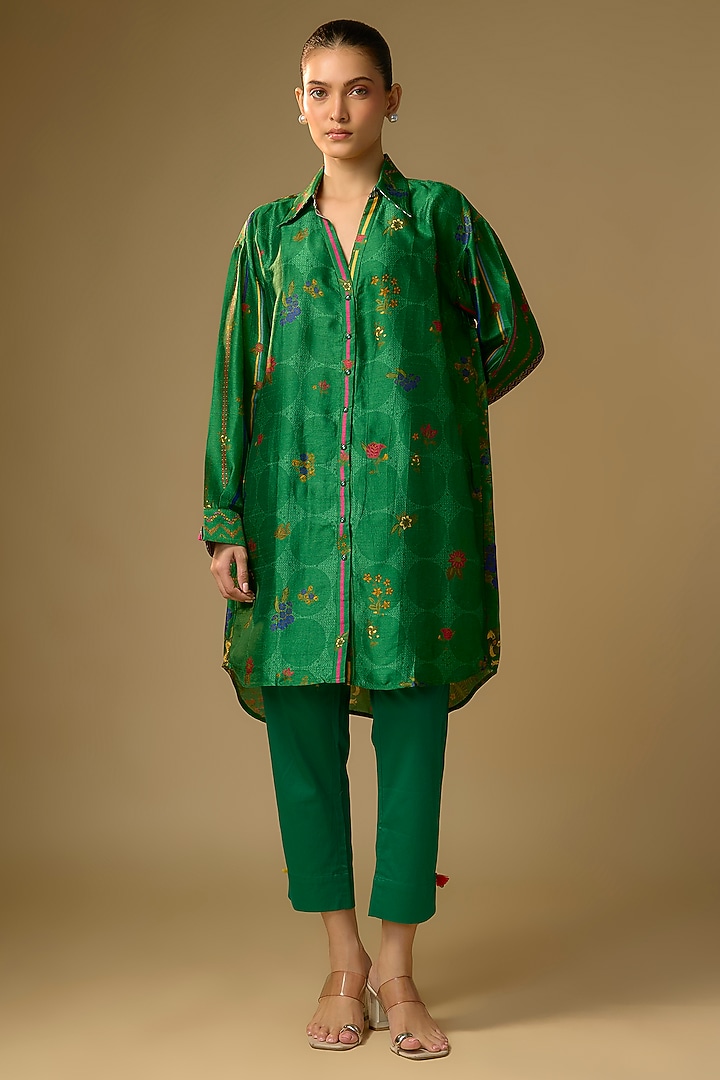 Bottle Green Slub Silk Shirt by SHRADDHA RAMBHIA at Pernia's Pop Up Shop