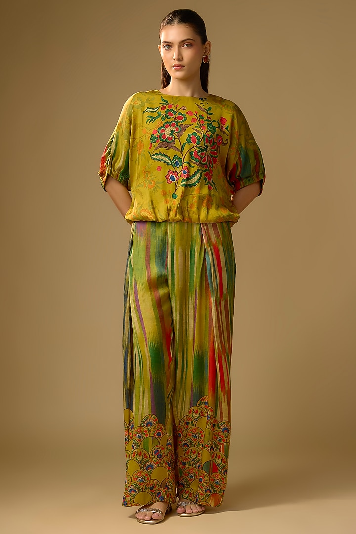 Mustard Gajji Silk Floral Printed Palazzo Set by SHRADDHA RAMBHIA at Pernia's Pop Up Shop