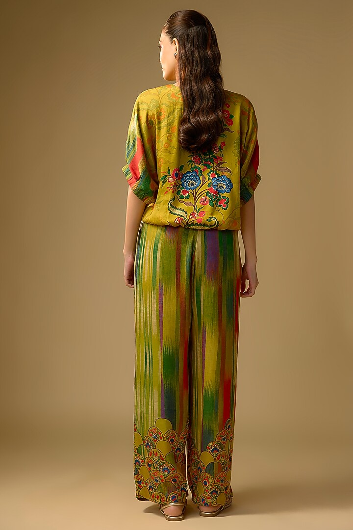 Mustard Gajji Silk Floral Printed Palazzo Set by SHRADDHA RAMBHIA at Pernia's Pop Up Shop